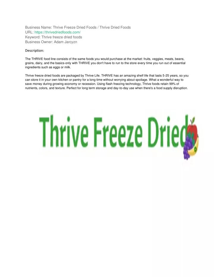 business name thrive freeze dried foods thrive