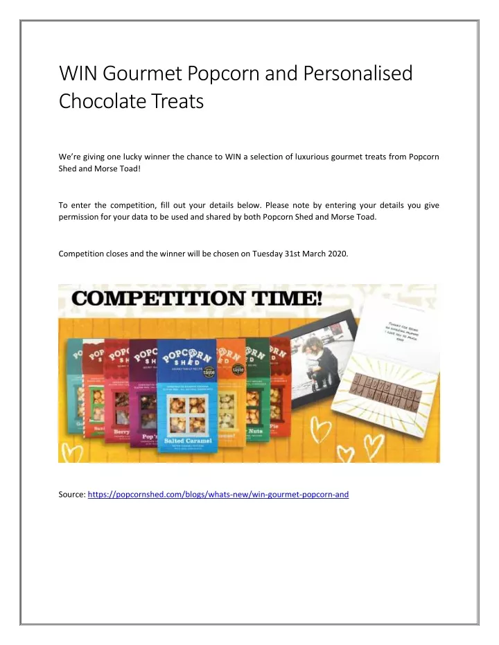 win gourmet popcorn and personalised chocolate