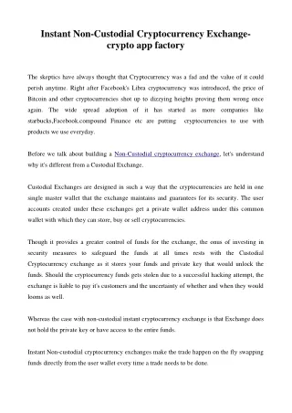 instant non custodial cryptocurrency exchange