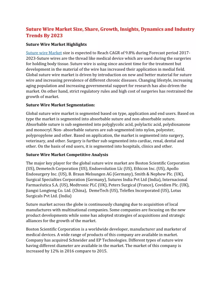 suture wire market size share growth insights