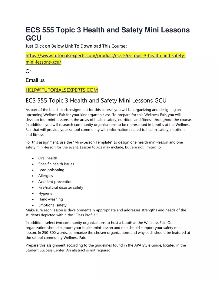 ecs 555 topic 3 health and safety mini lessons