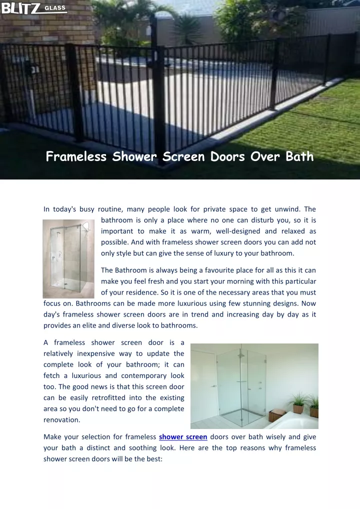 frameless shower screen doors over bath