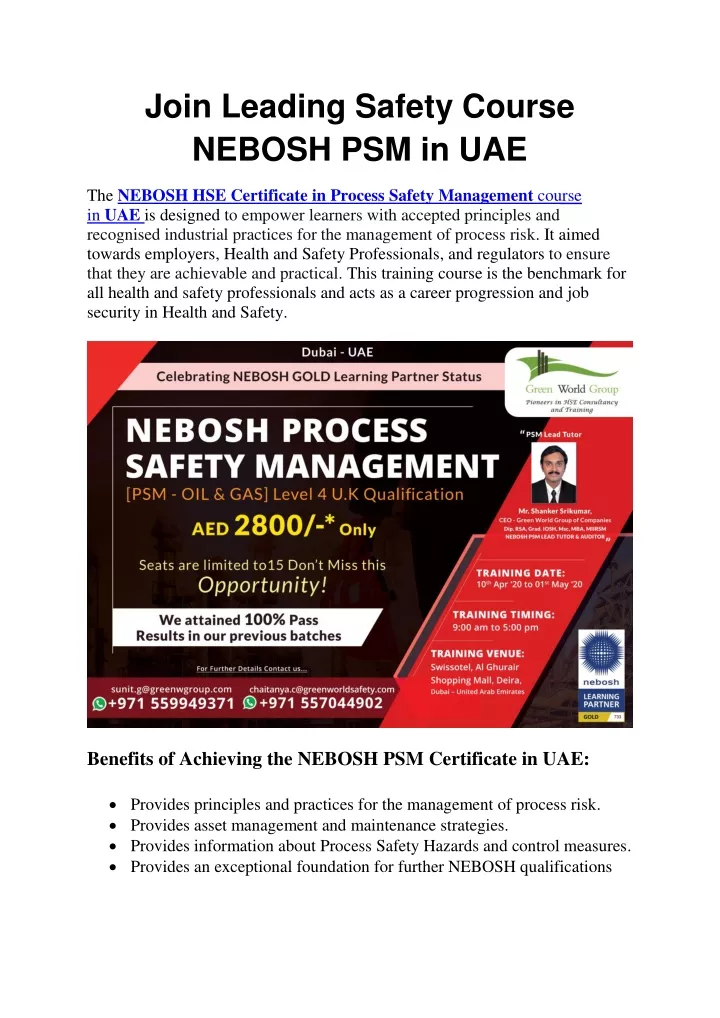 join leading safety course nebosh psm in uae
