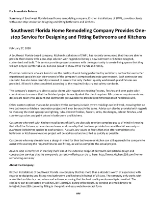 Southwest Florida Home Remodeling Company Provides One-stop Service for Designing and Fitting Bathrooms and Kitchens