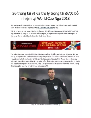 36 trọng tài và 63 trợ lý trọng tài được bổ nhiệm tại World Cup Nga 2018