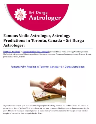 Famous Vedic Astrologer, Astrology Predictions in Toronto, Canada – Sri Durga Astrologer: