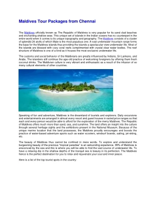 Maldives tour packages from Chennai