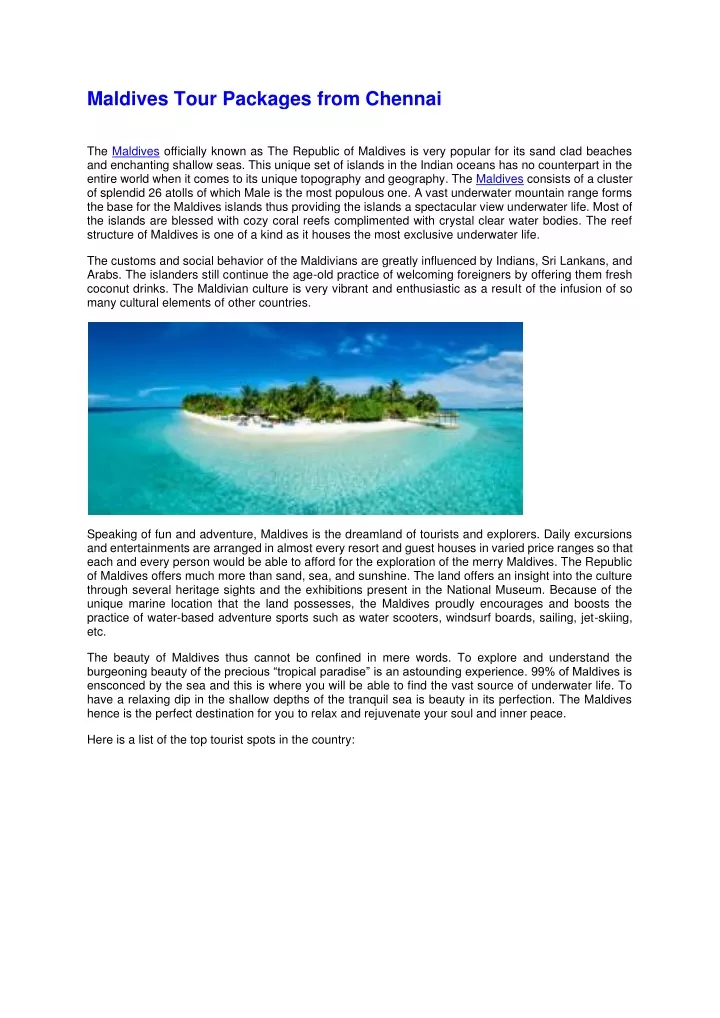 maldives tour packages from chennai