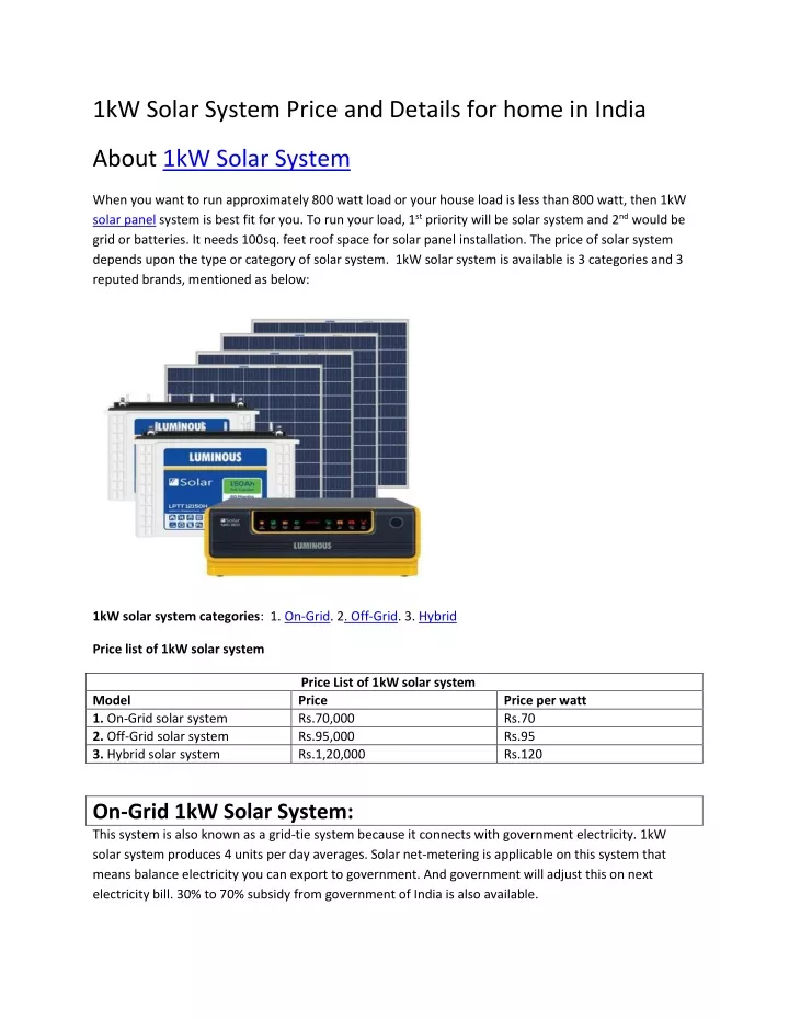 1kw solar system price and details for home