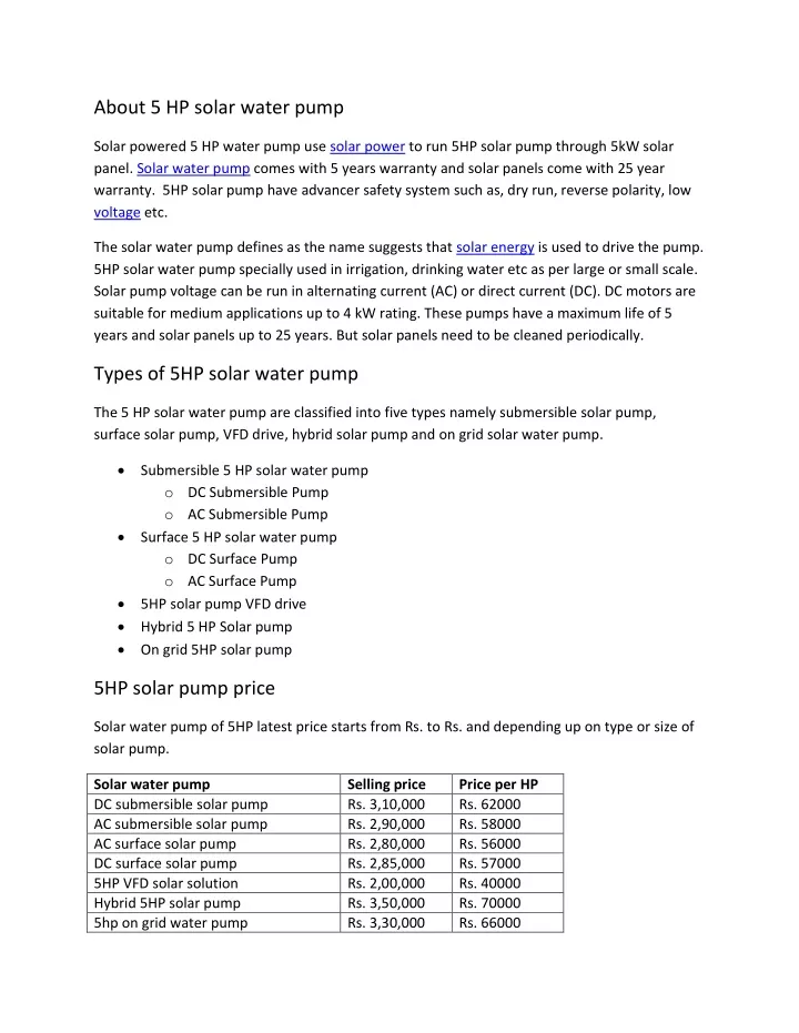 about 5 hp solar water pump