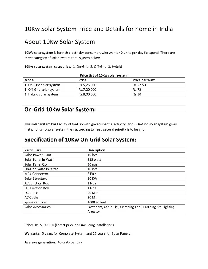 10kw solar system price and details for home