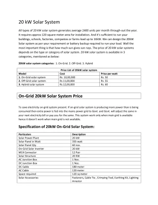 20kW Solar System Price – On grid, Off grid and Hybrid
