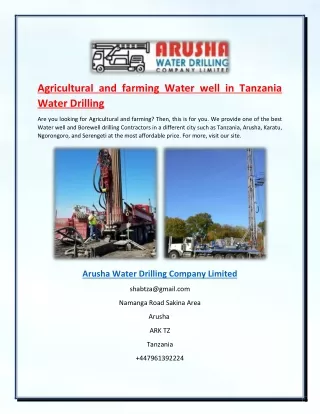 Agricultural and farming Water well in Tanzania | Water Drilling