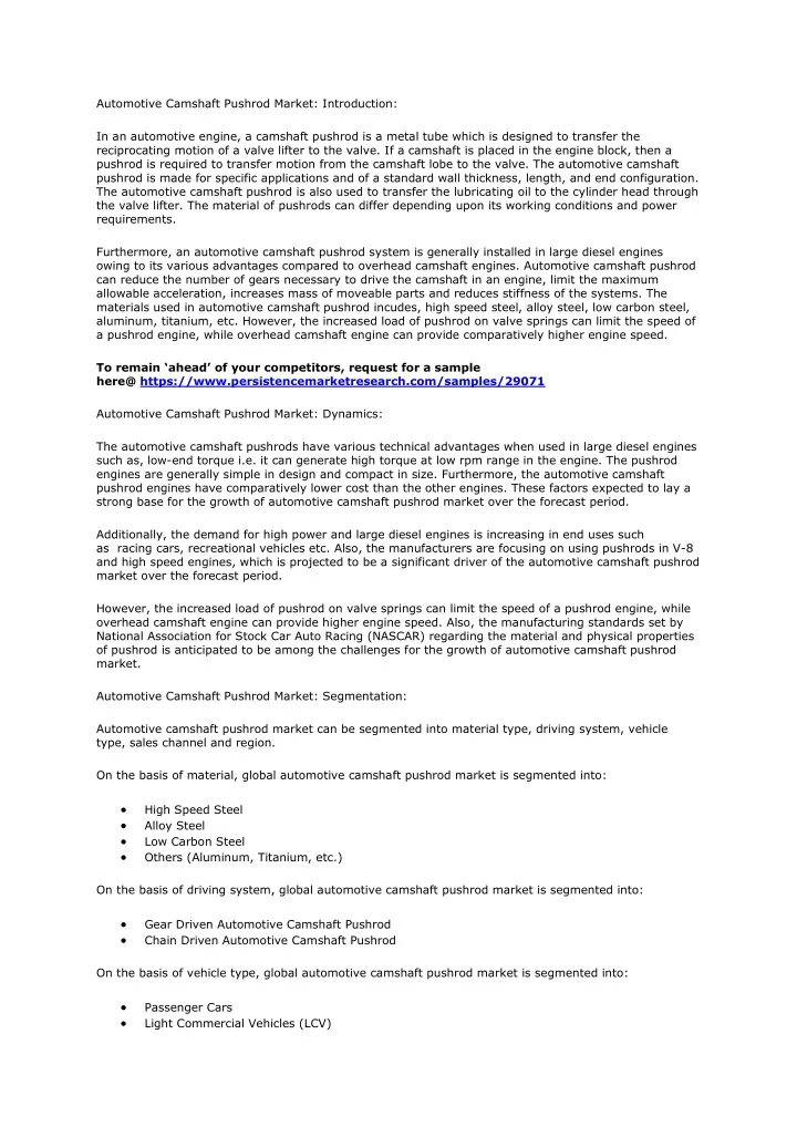 automotive camshaft pushrod market introduction