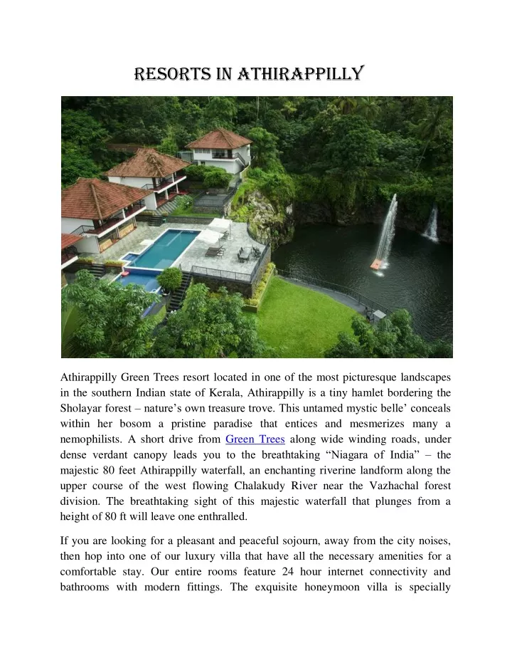 resorts in athirappilly