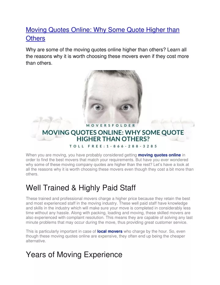 moving quotes online why some quote higher than