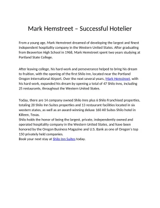 Successful Hotelier Mark Hemstreet