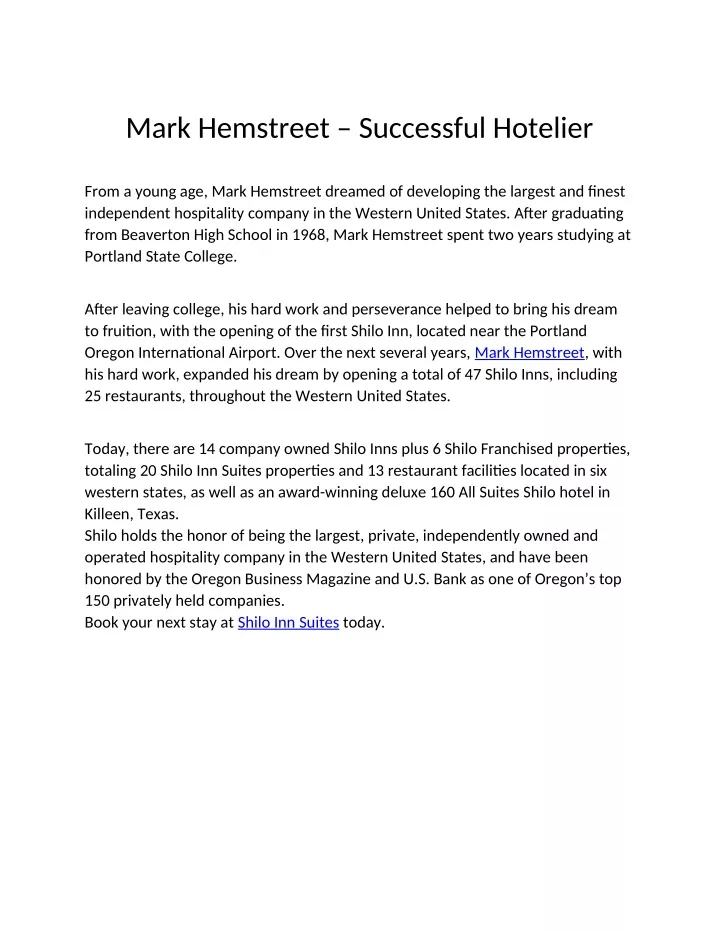 mark hemstreet successful hotelier