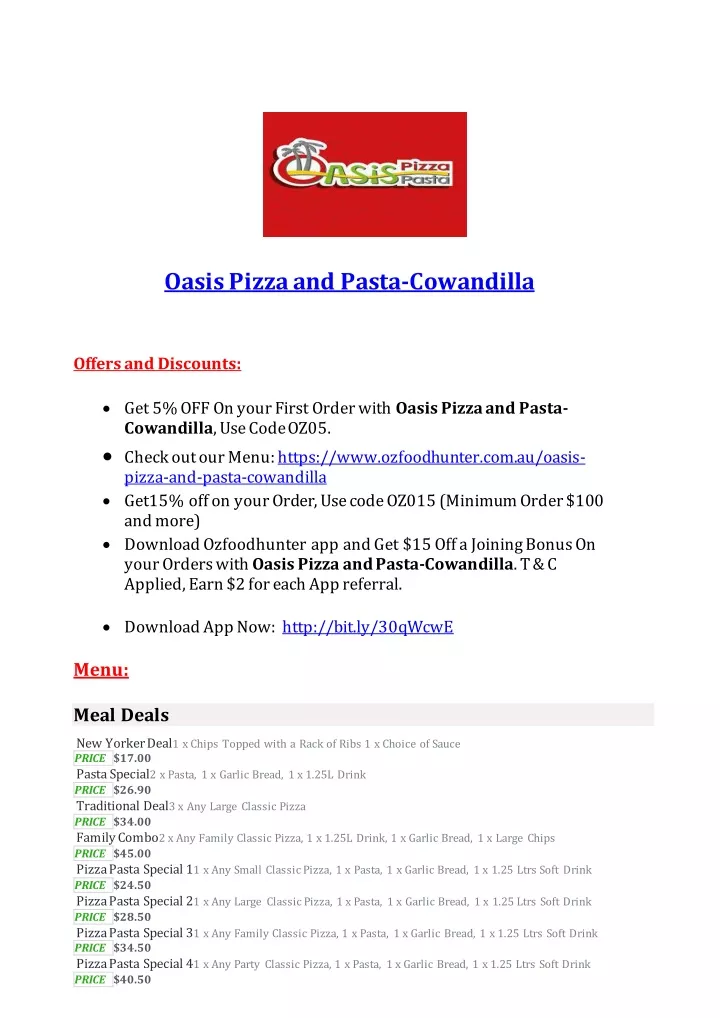 oasis pizza and pasta cowandilla offers