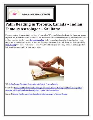 Palm Reading in Toronto, Canada – Indian Famous Astrologer – Sai Ram: