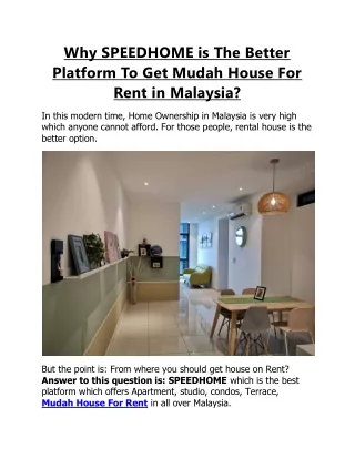 Know The Reasons Why SPEEDHOME is Better To Get Mudah Property For Rent