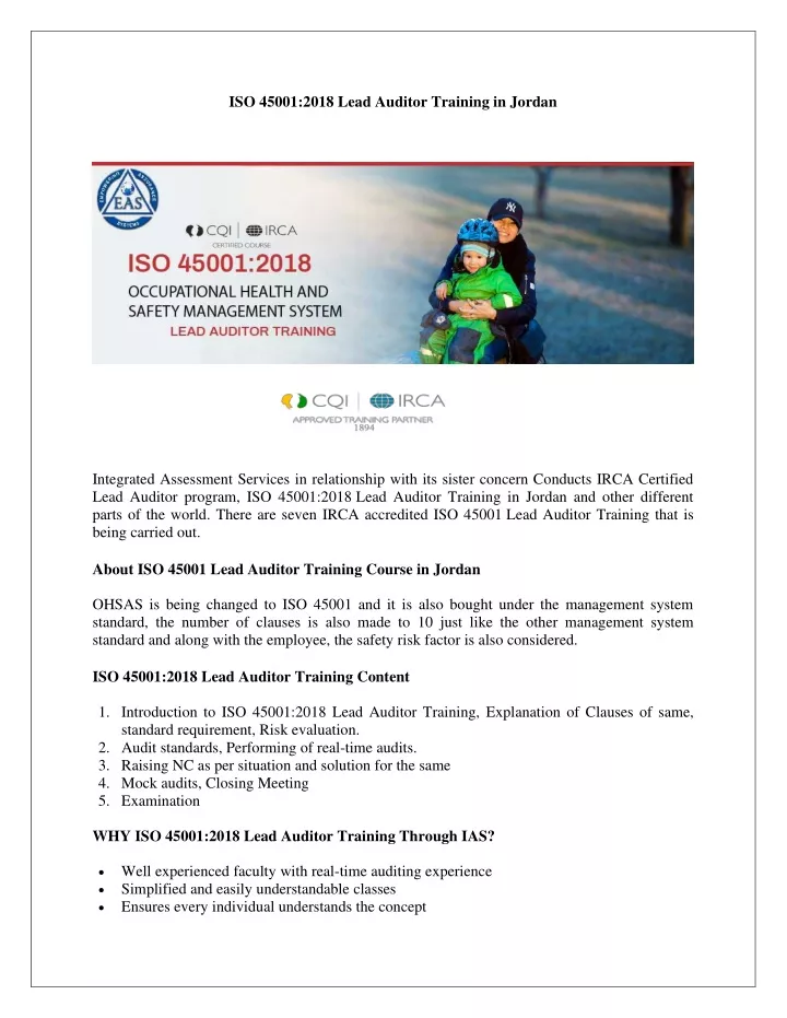 iso 45001 2018 lead auditor training in jordan