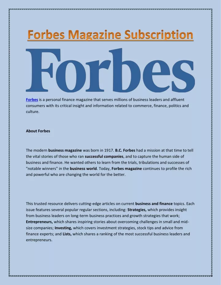 forbes is a personal finance magazine that serves