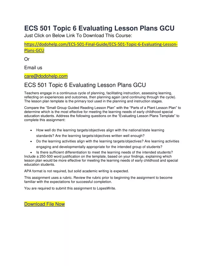 ecs 501 topic 6 evaluating lesson plans gcu just