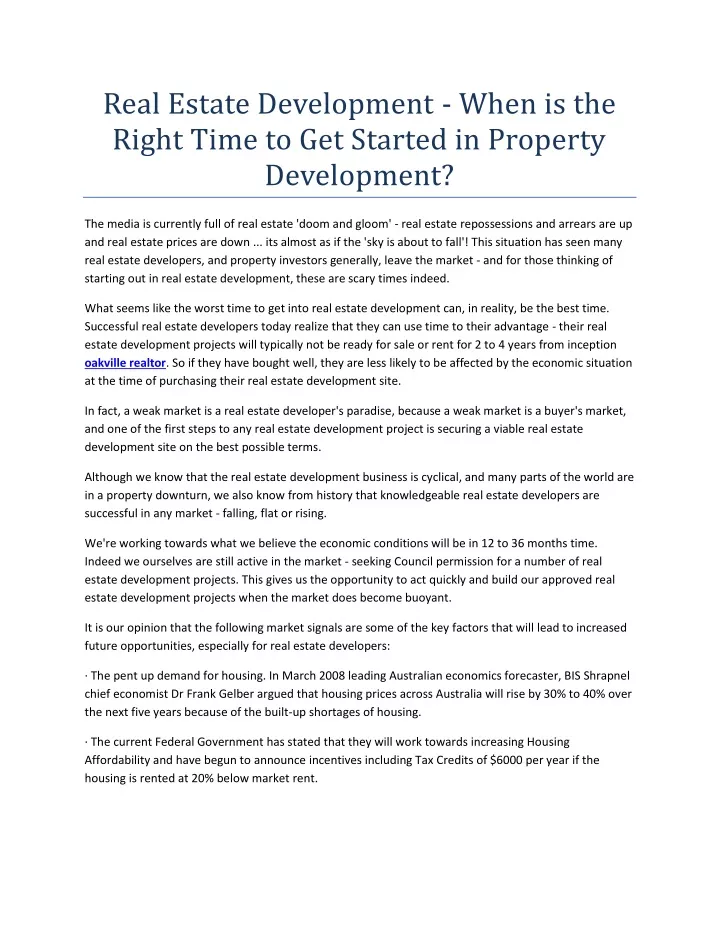 real estate development when is the right time