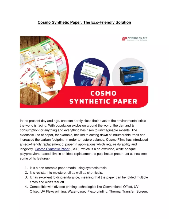 cosmo synthetic paper the eco friendly solution