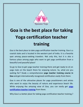 Goa is the best place for taking Yoga certification teacher training