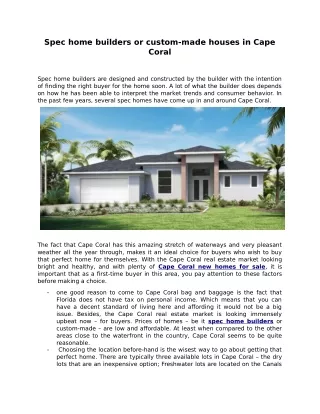 Spec home builders or custom-made houses in Cape Coral