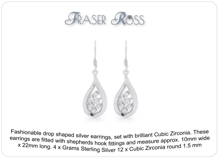 fashionable drop shaped silver earrings set with