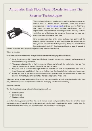 automatic high flow diesel nozzle features