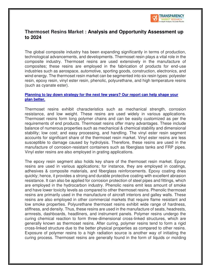 thermoset resins market analysis and opportunity