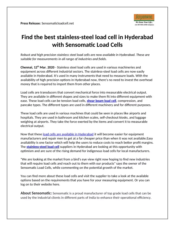 press release sensomaticloadcell net