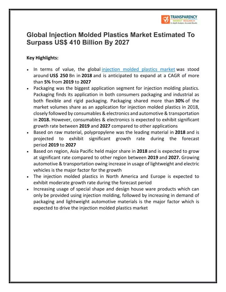 global injection molded plastics market estimated