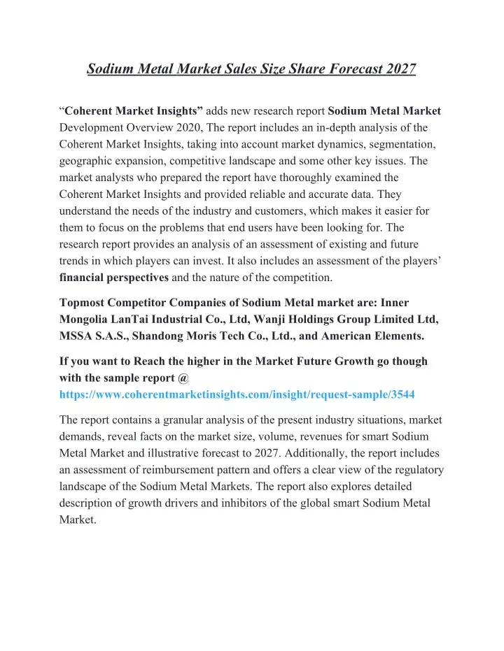 sodium metal market sales size share forecast 2027