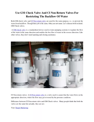 Use GM Check Valve And CI Non Return Valves For Restricting The Backflow Of Water