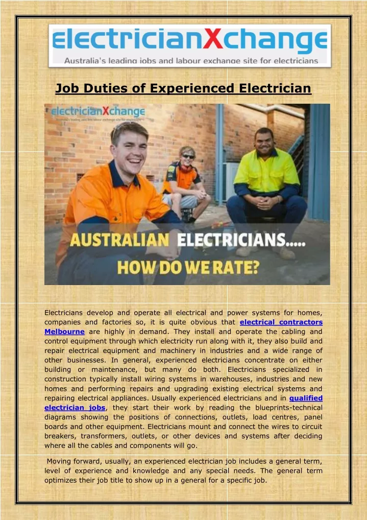 job duties of experienced electrician