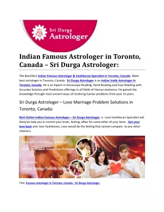 Indian Famous Astrologer in Toronto, Canada – Sri Durga Astrologer: