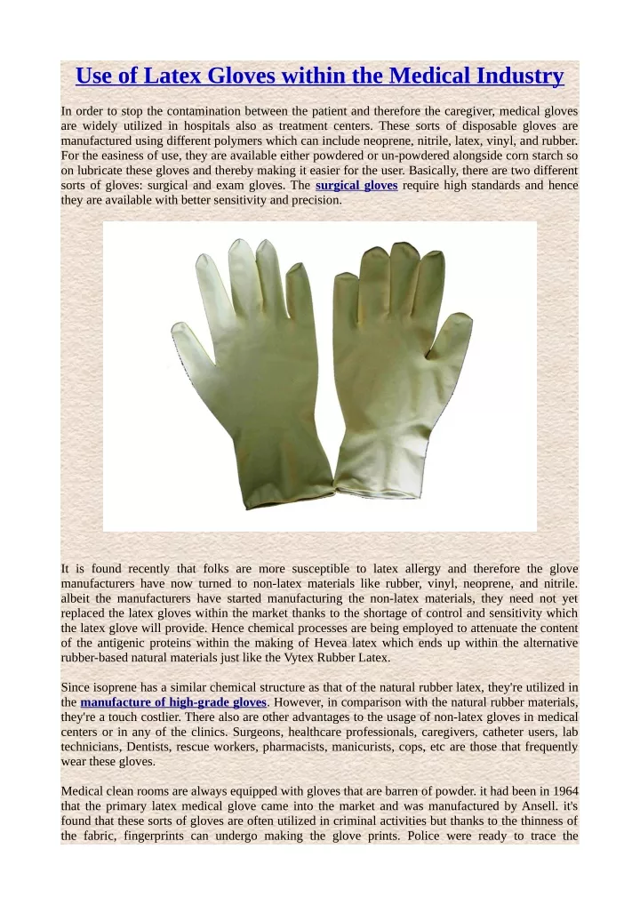 use of latex gloves within the medical industry