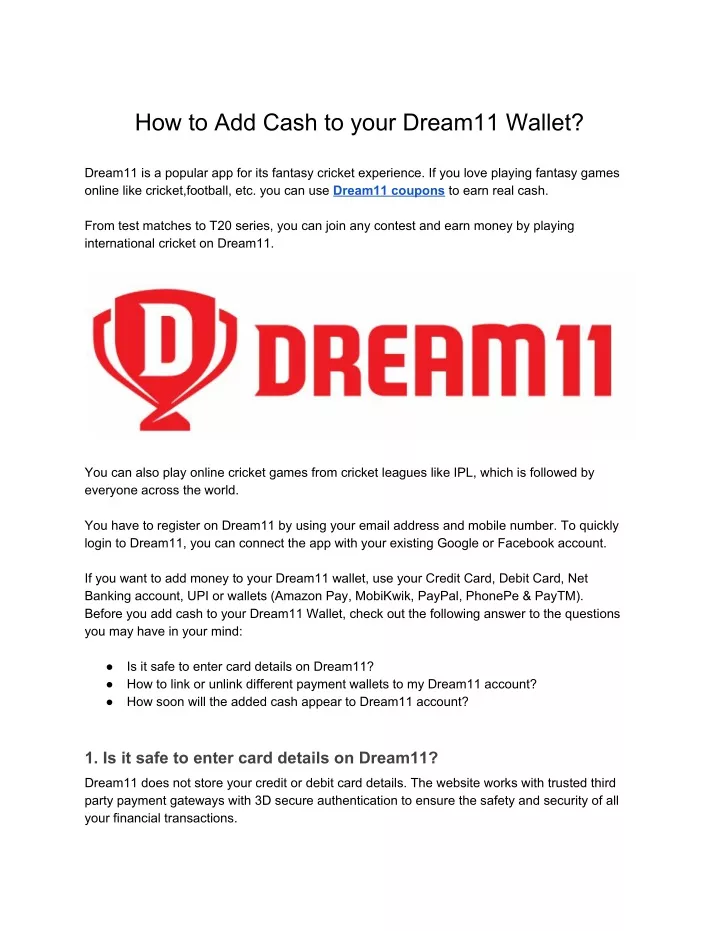 how to add cash to your dream11 wallet