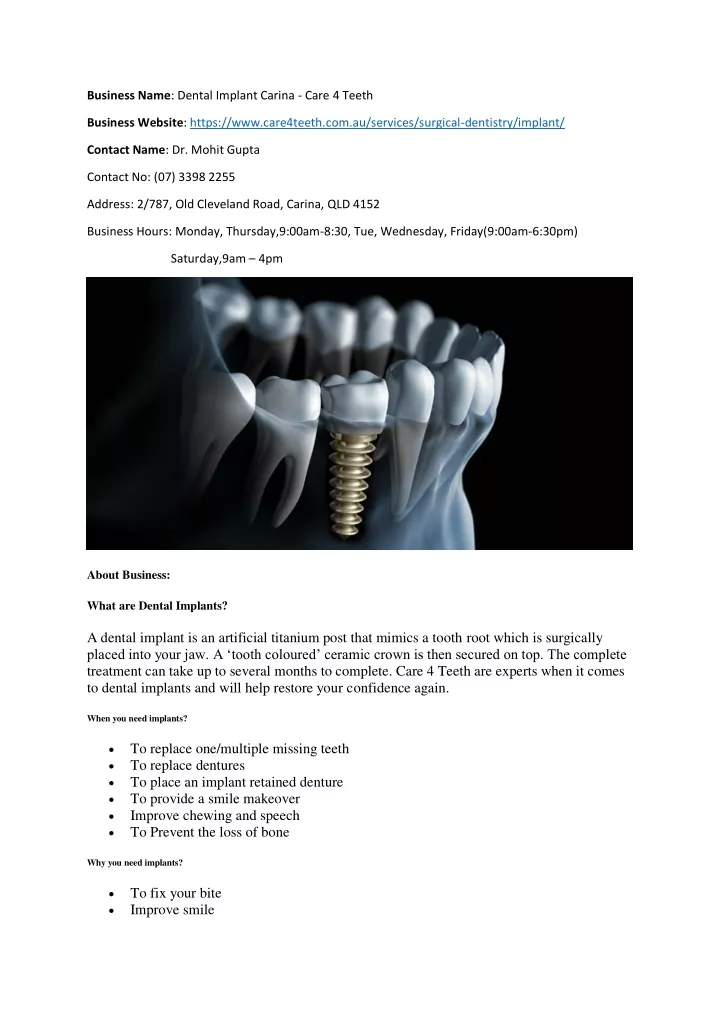 business name dental implant carina care 4 teeth