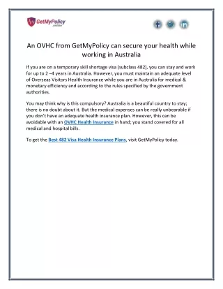 An OVHC from GetMyPolicy can secure your health while working in Australia