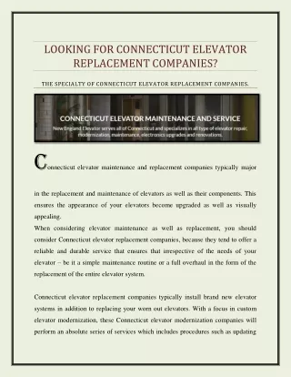 LOOKING FOR CONNECTICUT ELEVATOR REPLACEMENT COMPANIES