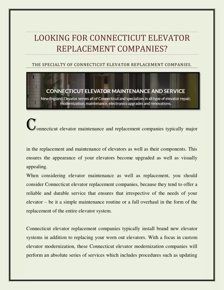 looking for connecticut elevator replacement