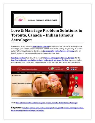 Love & Marriage Problem Solutions in Toronto, Canada – Indian Famous Astrologer: