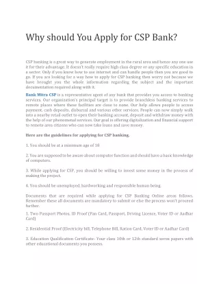 Apply for CSP Bank | Read about Benefits of Becoming CSP