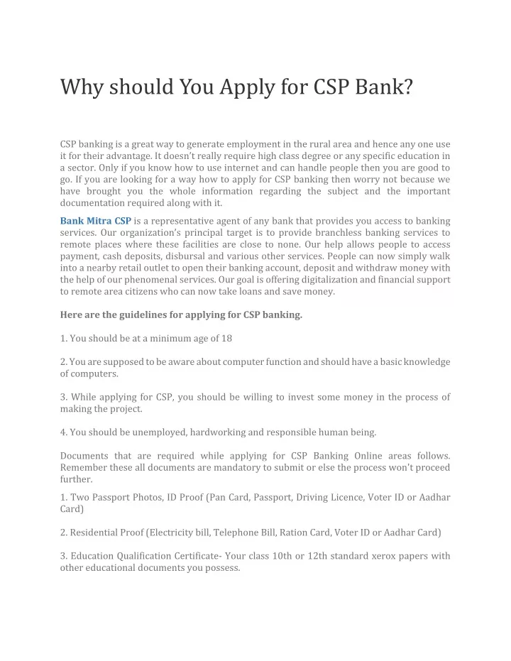 why should you apply for csp bank